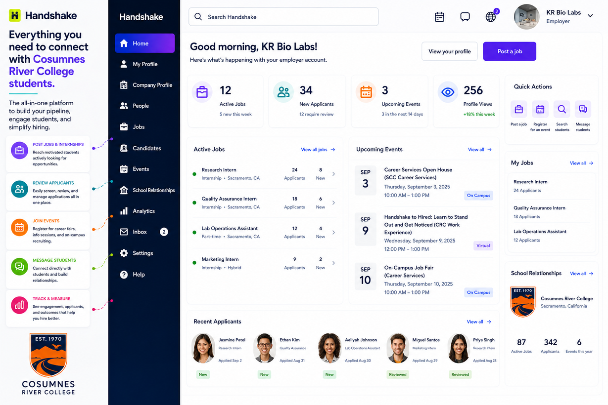 The Handshake employer dashboard, showing CRC student applicants and postings